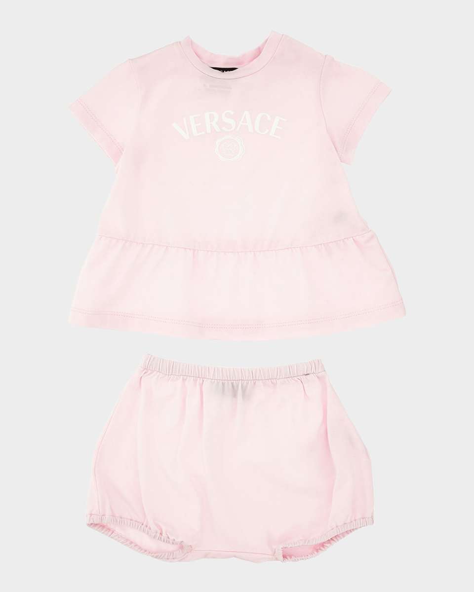 Girl's Cotton Jersey Logo-Print Dress with Bloomers, Size 3M-18
